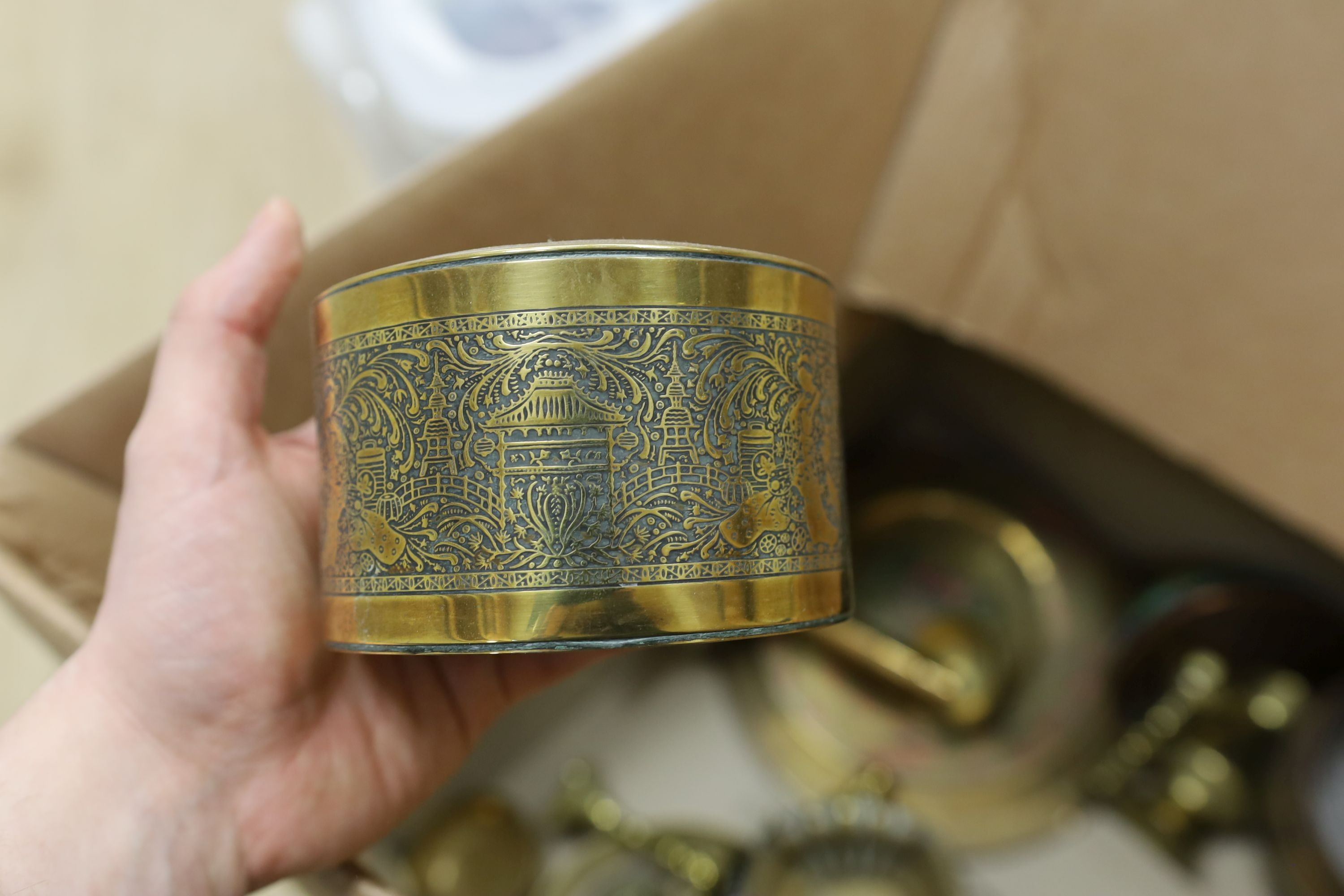 A group of assorted metalware including Indian and Persian trays